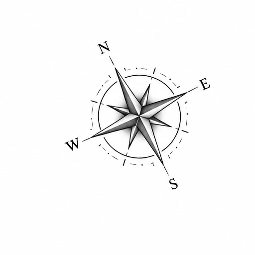 Black and grey compass rose with shading and letters N, E, S, W around a circle