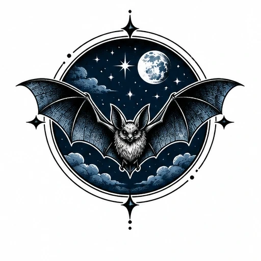 Bat with wings spread wide against a starry night sky featuring a full moon inside a circular frame