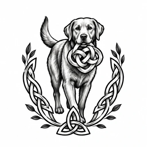 Black and gray tattoo design of a Labrador dog holding a Celtic knot heart, framed by a Celtic laurel wreath.