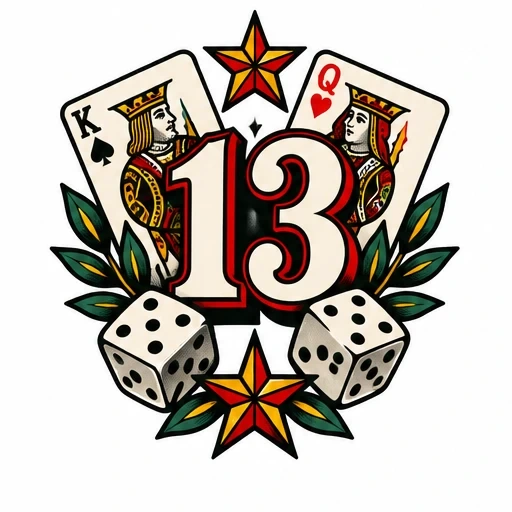 Bold number 13 with King of Spades and Queen of Hearts cards, two dice, green leaves, and red-yellow stars.