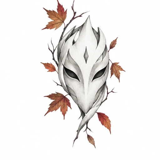 White angular mask surrounded by autumn leaves and thin dark branches on white background