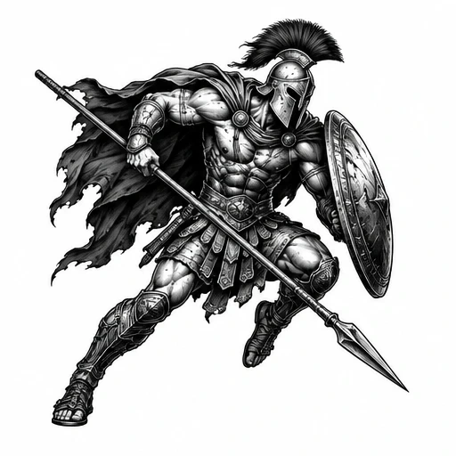 Black and grey Spartan warrior tattoo with spear, shield, helmet plume, and flowing cape in a charging stance