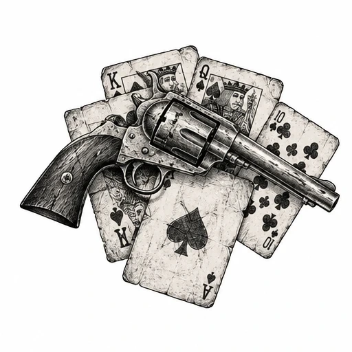 Tattoo design of a vintage revolver resting on five worn playing cards showing a royal flush in spades.