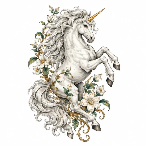 Intricate tattoo design of a white unicorn rearing surrounded by ornate floral vines with white flowers and green leaves, featuring a golden horn.
