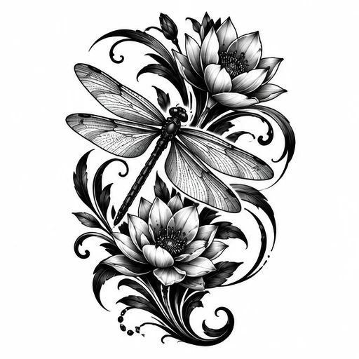 Black and grey tattoo of a dragonfly nestled between two lotus flowers with swirling leaves and ornamental flourishes.