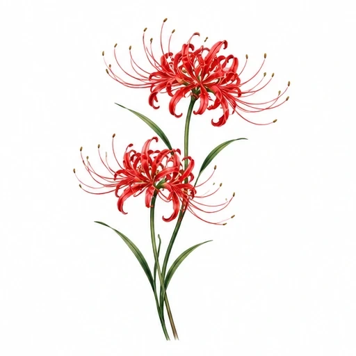 Two red spider lily flowers with thin petals curling outward and green leaves on slender stems