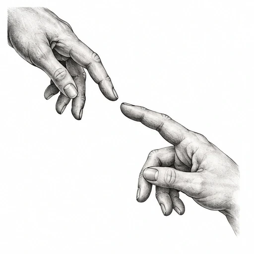 Pencil sketch of two hands reaching out with index fingers nearly touching on white background