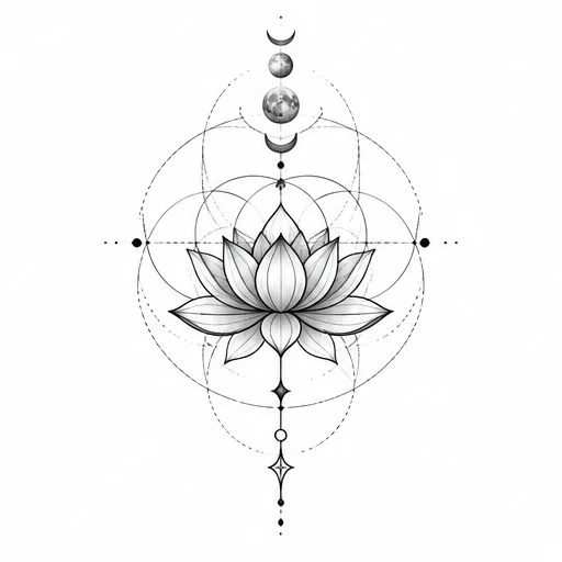 Fine line tattoo of a shaded lotus flower surrounded by geometric circles and moon phases above it.