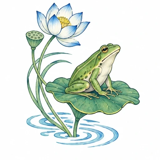 Green frog perched on lotus leaf with white lotus flower and water ripples illustration