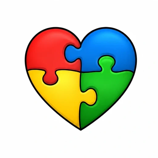 Heart made of four colorful puzzle pieces in red, blue, yellow, and green with black outlines