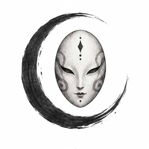 Oval stylized mask with geometric dots and swirls inside a bold black brushstroke crescent