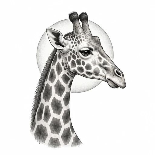 Black and white drawing of a giraffe's head and neck with a circular halo background.