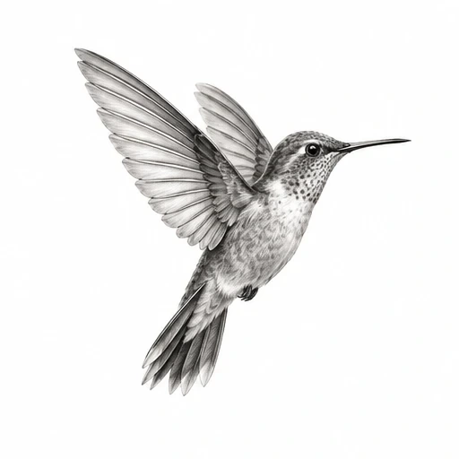 Black and grey realistic hummingbird tattoo design with spread wings
