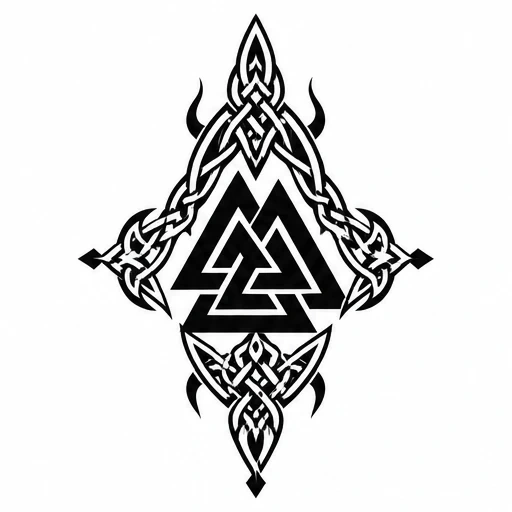Black Valknut tattoo design with detailed Celtic knot border forming a diamond shape