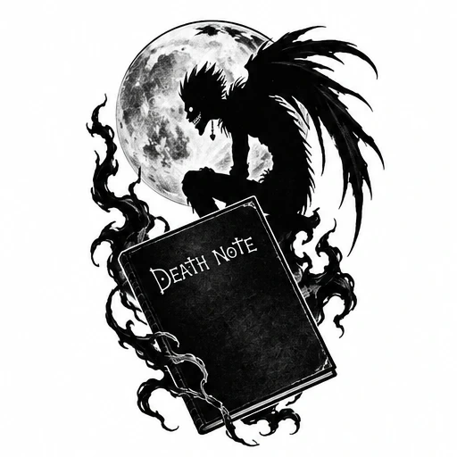 Black shinigami silhouette with wings sitting in front of a textured full moon, holding the Death Note book surrounded by swirling shadows.