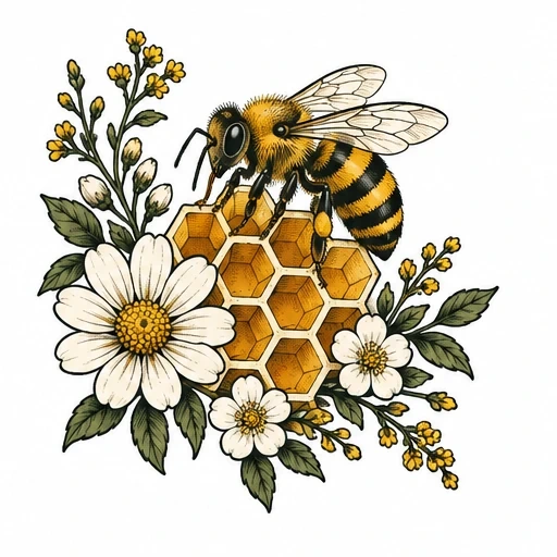 Bee on hexagonal honeycomb with white flowers and green leaves in vintage tattoo style
