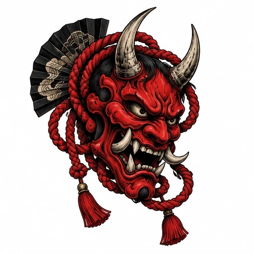 Red Japanese oni mask with horns, sharp teeth, red rope, and decorative black fan