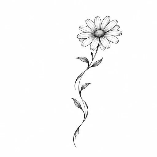 Black and grey delicate daisy flower with curved stem and leaves tattoo design