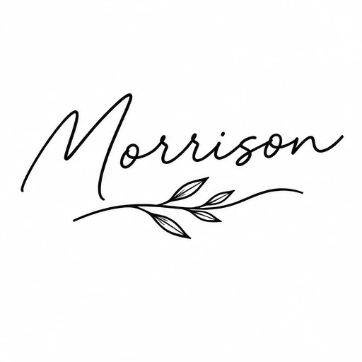 Tattoo design of the word 'Morrison' in cursive with a simple leaf branch underneath