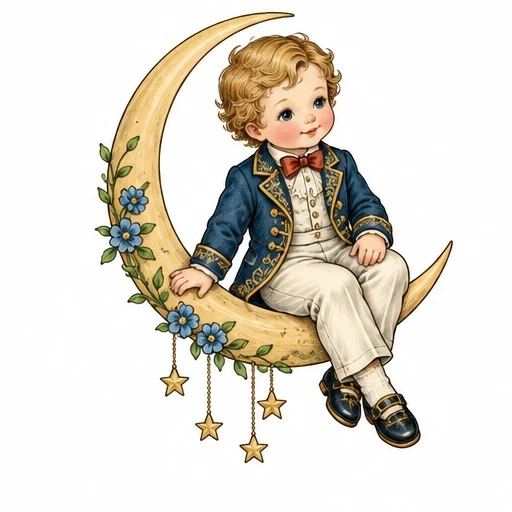 Kewpie boy in blue jacket and cream pants sitting on crescent moon decorated with blue flowers and hanging gold stars
