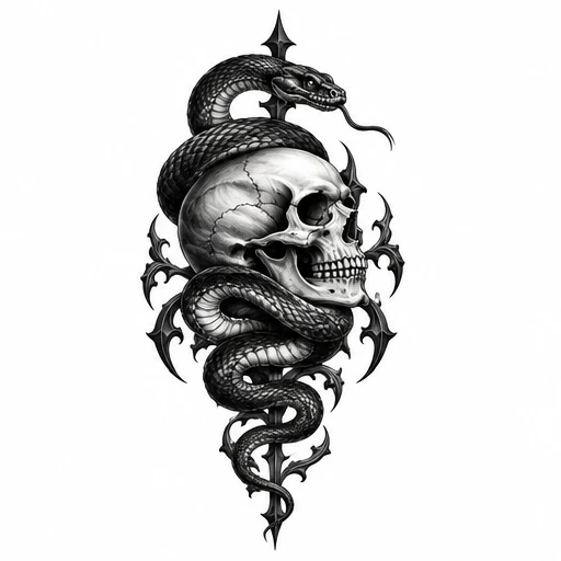 Black and grey tattoo design of a skull wrapped tightly by a coiled snake with a thorned dagger behind it
