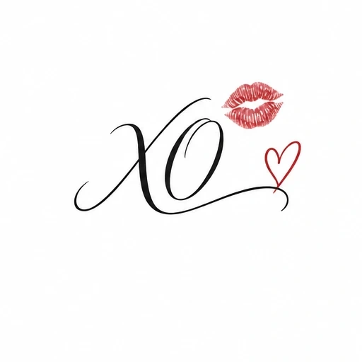 Calligraphic XO with red lip print and red heart outline on white background
