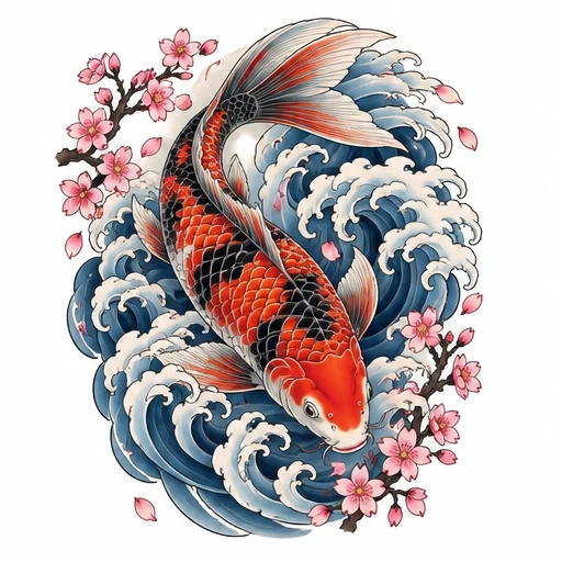 Koi fish with orange and black scales swimming in blue ocean waves with pink cherry blossoms and petals around