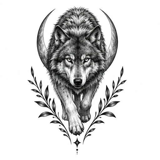 Black-and-white detailed drawing of a lone wolf walking forward framed by crescent moon and leafy branches