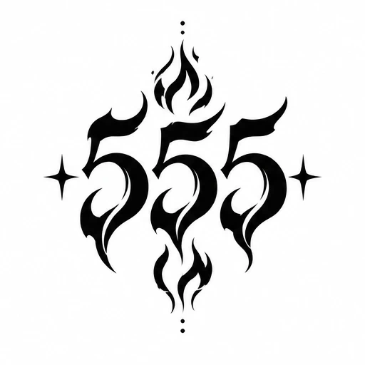 Black ink tattoo design of number 555 formed with stylized flames and stars