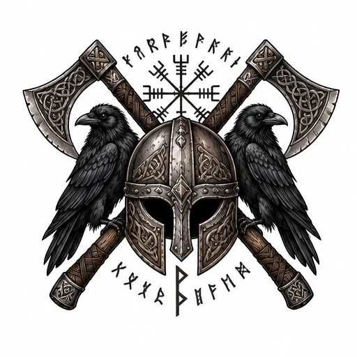 Norse Viking helmet with two black ravens on crossed axes, surrounded by runes and Viking compass symbol