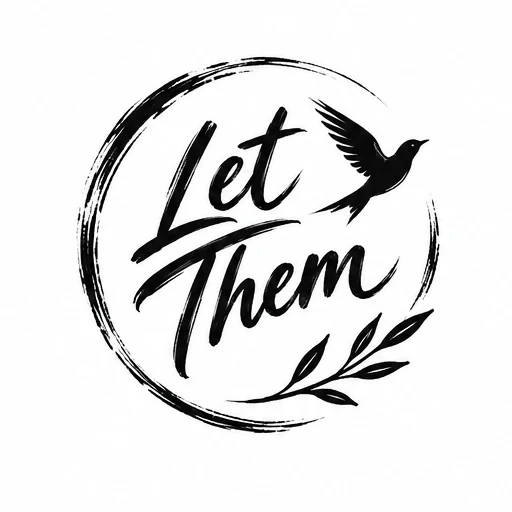Black brushstroke tattoo design with 'Let Them' script, flying bird, branch, and circular frame