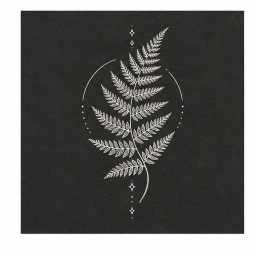 White ink detailed fern leaf with dots, arcs, and star shapes on black background