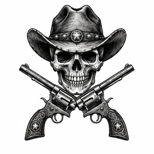 Skull wearing cowboy hat with crossed revolvers beneath, tattoo design in black and grey