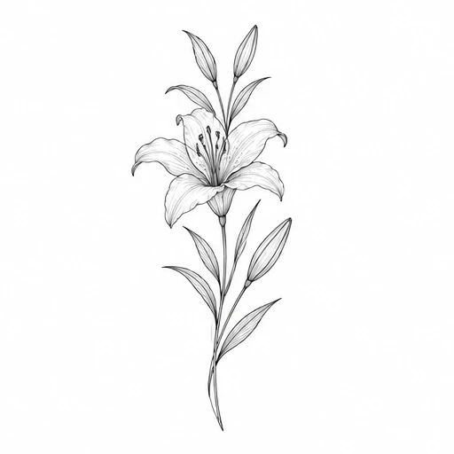 Single needle tattoo design of a blooming lily flower with buds and leaves in fine black lines