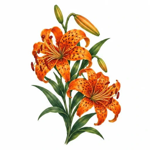 Orange tiger lilies with spotted petals and green leaves and buds on clean white background
