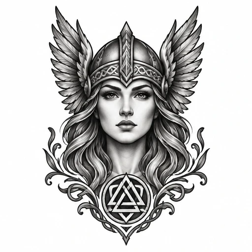 Black and gray valkyrie tattoo design showing a woman with winged helmet and Nordic symbol