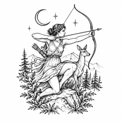 Black ink tattoo drawing of Artemis kneeling with bow drawn, next to a deer, with forest, mountains, stars, and crescent moon in background