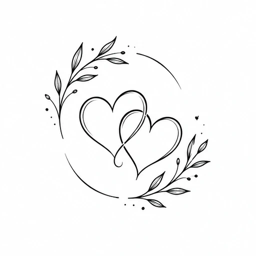 Minimalist black line tattoo of two interconnected hearts framed by leafy branches and small dots