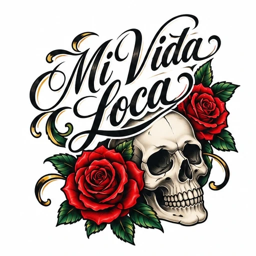 Tattoo design with 'Mi Vida Loca' in black script above a realistic skull, flanked by two red roses with green leaves and gold ornamental flourishes.