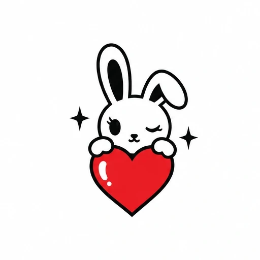 Cute white bunny winking while holding a shiny red heart with black sparkles