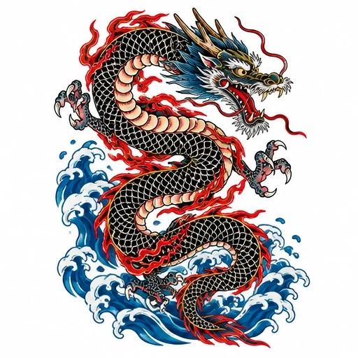 Black Japanese dragon with red flames coiling through blue ocean waves