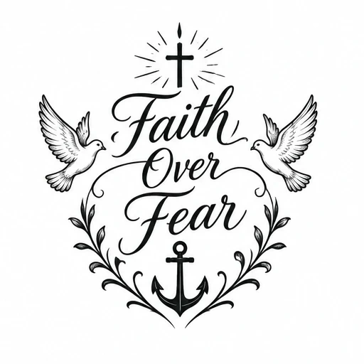 Black and white tattoo design with script 'Faith Over Fear', a radiant cross, two doves, an anchor, and symmetrical foliage