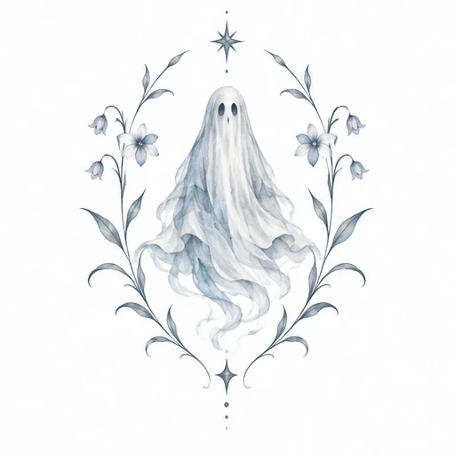 Soft, translucent ghost with hollow eyes surrounded by delicate flowering branches and small star shapes in muted gray tones.