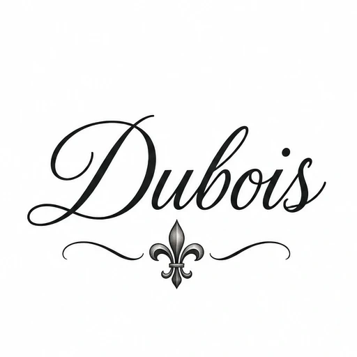 Black script tattoo design of the name 'Dubois' with a fleur-de-lis symbol and decorative swirls underneath.