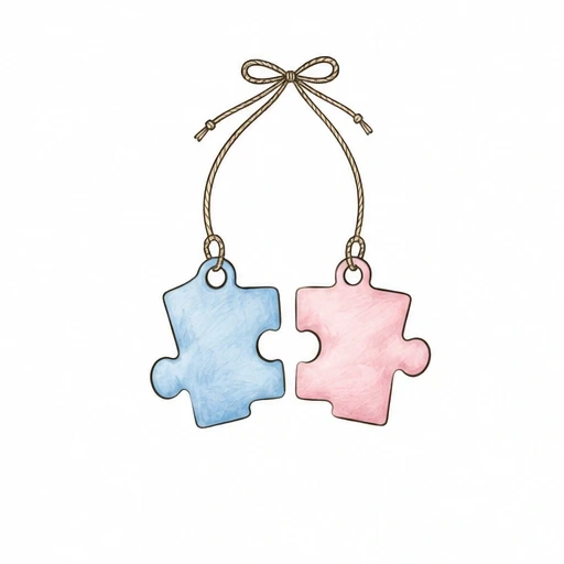 Two pastel puzzle pieces, blue and pink, connected by a tied string