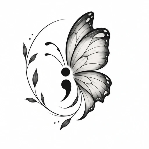 Black and gray stylized butterfly with semicolon body and surrounding curved leafy branch