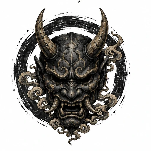 Dark oni demon mask with large horns and swirling smoke patterns