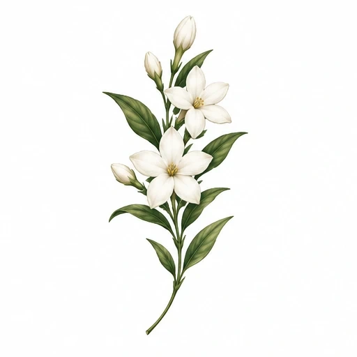 Botanical drawing of a jasmine stem with white flowers, buds, and green leaves