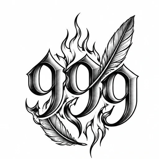 Tattoo design of number 999 in black Gothic font with flames and two detailed feathers