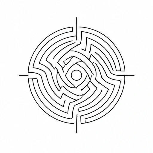 Black line circular labyrinth tattoo design with symmetrical paths and central circle